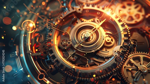 Timetravel themed gear mechanisms, macro shot of vintage clockwork interlaced with futuristic elements, against an abstract temporal flux background