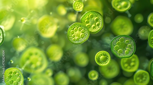 Macro shot of algae cells in urban algae cultivation, magnified to show intricate details against an abstract background symbolizing urban growth and sustainability