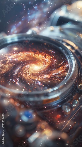 Interstellar photography, closeup of a camera equipped for interstellar photography capturing distant galaxies and celestial events, showcasing the technology required for space photography