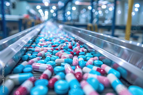 Blue and pink capsules on a production line in a pharma factory.