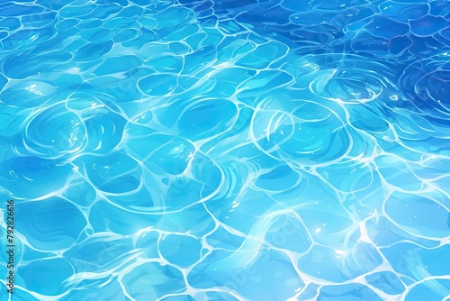 A closeup of the surface texture of blue water in an outdoor swimming pool, with ripples and clear reflections on it. The background is blurred, creating a beautiful patterned effect that emphasizes 