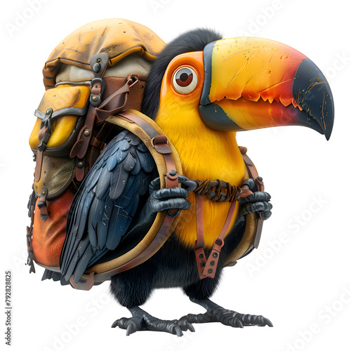 A 3D cartoon render of a colorful toucan assisting a stranded backpacker.
