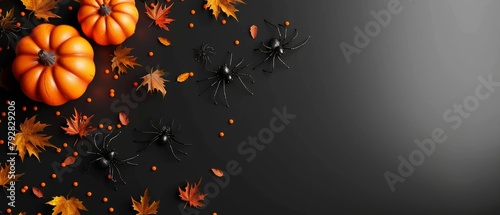 On a black background, a Halloween pumpkin with leaves and spiders is seen from a top view.
