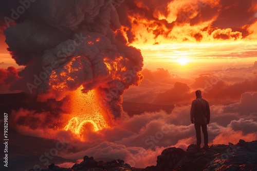An awe-inspiring scene of a man witnessing a massive volcanic explosion during a surreal sunset