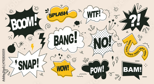 A pack of speech bubbles, comic bomb boom vector elements. Comic text sound effects set. Explosion bomb effect, splash, exclamation. Doodle text Boom, Pow, Bang, WTF, Wow. Vector illustration. Pop art