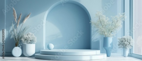 Contemporary podium with a calming blue arch backdrop for sophisticated product presentations.