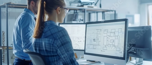 Engineer on desktop computer, screen showing CAD software with technical blueprints, her male project manager explains job specifics. Industrial Design Engineering Facility Office.