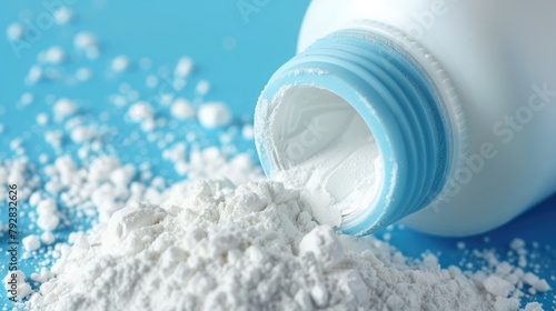 White Baby Talcum Powder Container Isolated on Bathroom Background. Talc Hygienic Closeup to Freshen Up Baby's Skin