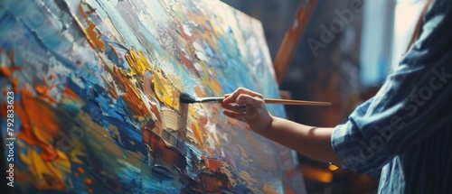 An abstract oil painting is created by a female artist by moving a paintbrush energetically. It is a scene from a dark creative studio where a large canvas stands on an easel illuminated. It is a low