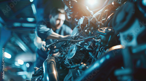 Close-Up of Auto Mechanic Performing Engine Repair in Workshop