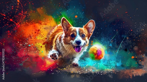 Pembroke Welsh Corgi dog. Abstract image. Neon. Color. Watercolor of a dog running after a ball. digital vector graphics
