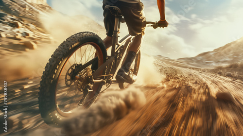 A man rides a mountain bike on a dusty dirt road in the mountains. The bike is going fast, and the man bends over in a turn