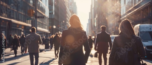 On a sunny day, office managers and business people commute by foot. Pedestrians are dressed in smart clothes. Successful people walking on a cloudy day in downtown.