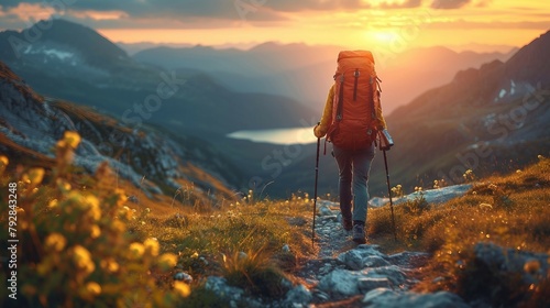 A solo hiker trekking along a mountain trail. AI generate illustration