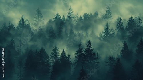Aerial View of Abstract Forest Landscape with Fog and Mist, Dark Green and Teal Hues, Pine Trees, Digital Art Style