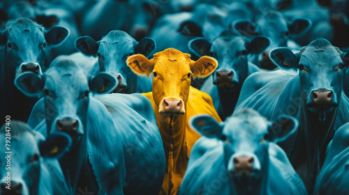 A vibrant yellow cow stands out in a crowd of identical blue cows, symbolizing individuality, uniqueness, and the courage to be different, created with generative AI technology
