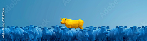 illustration of a vibrant yellow cow which stands out in a crowd of blue cows, symbolizing individuality, uniqueness, and the courage to be different, created with generative AI technology