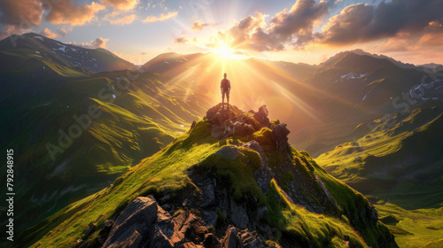 A man is standing proudly on the summit of a lush green mountain, overlooking the breathtaking landscape below