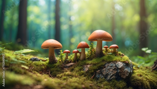 Mushrooms in he forest Miniature landscape, spring, forest 3D stereoscopic effect