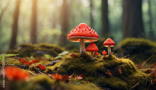 Fly agaric Miniature landscape, forest 3D stereoscopic effect 