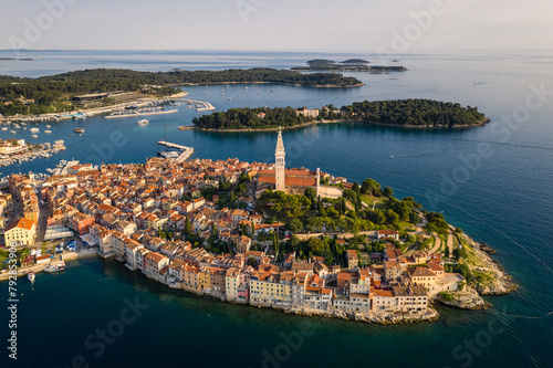 Rovinj, Croatia: Dramatic aerial view of the famous Rovinj medieval old town with its Venetian campanile in Istria by the Adriatic sea in Croatia