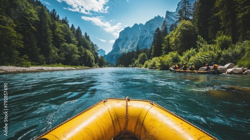 Rafting on a big boat on a mountain river, wide angle lens