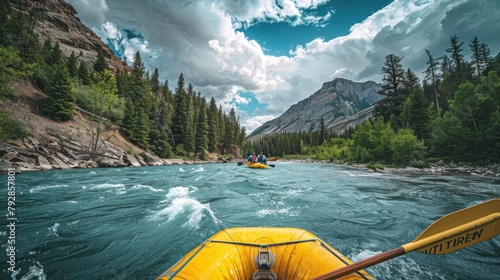 Rafting on a big boat on a mountain river, wide angle lens