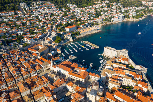 Dubrovnik, Croatia: Aerial of the famous Dubrovnik medieval old town port and The Cathedral of the Assumption of the Virgin Mar by the Adriatic sea on a sunny summer