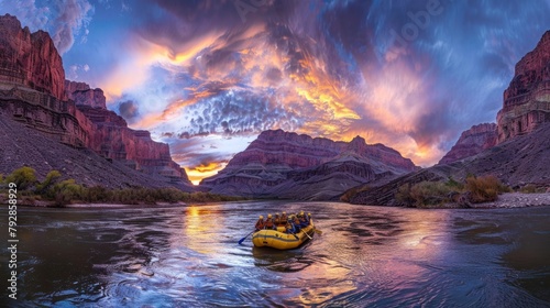Rafting on the Colorado River in the Grand Canyon at sunrise wide angle lens