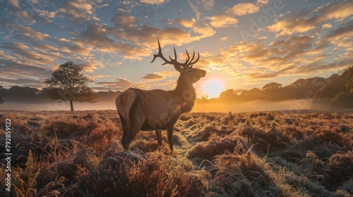 Red deer in the morning sunlight wide angle lens