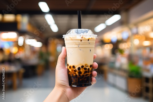 human hand holding iced coffee in cafe with bokeh background