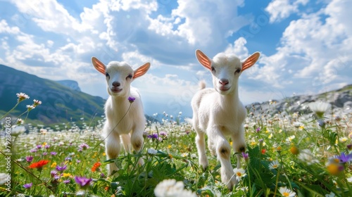 Two funny little baby goats playing in a field with flowers. Farm animals.