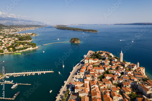 Rab, Croatia: Aerial drone view of the famous Rab medieval old town by the Adriatic sea in Croatia on a sunny summer day