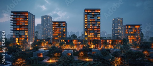 Wide-angle view of a high-tech residential block, where each homes exterior displays digital art that reflects the mood of its inhabitants