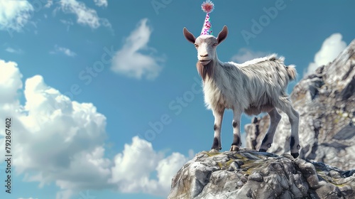 One cheeky goat climbing on top in mountain sky blue background, sheep, Eid ul Adha