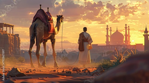 Traditional Arab Man Walking with Camel in Desert with Modern Skyline at Sunset, eid ul adha, Eid al adha