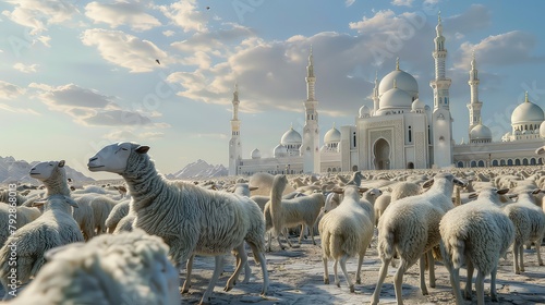 Mosque with goat sky blue background, eid ul adha, Eid al adha