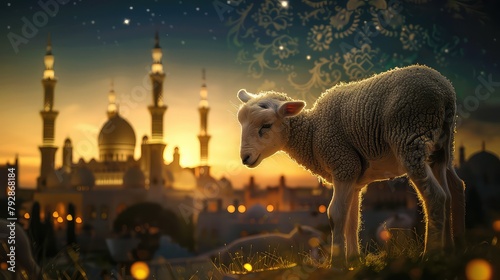 Eid al-Adha composition; Sheep looking at camera in front of the mosque at sunset and lots of sheep feeding in the background at sunset, Eid ul adha