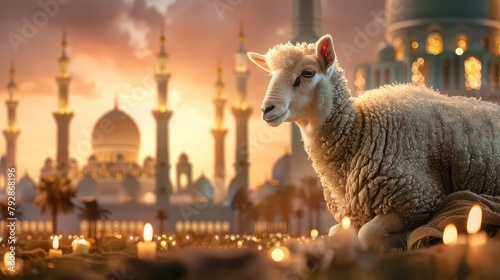 Eid al-Adha composition; Sheep looking at camera in front of the mosque at sunset and lots of sheep feeding in the background at sunset, Eid ul adha