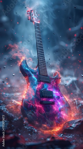Electric guitar player decorated in Rock Metal style, beautiful appearance. The most powerful detailed backgrounds in the fantasy art style. The style is extremely realistic and details the futuristic