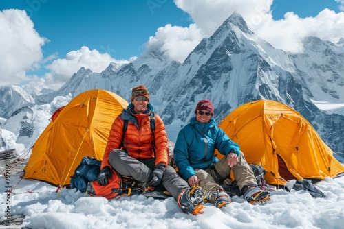 Two mountaineers at their tent camp in the high mountains