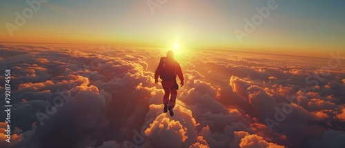 Thrilling Skydive Towards Earth at Sunset and Fluffy Clouds. Concept Extreme Sports, Skydiving, Adrenaline Rush, Sunset Views, Cloud Patterns