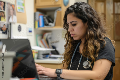 A dedicated Hispanic female therapist focuses intently on her laptop, diligently checking patient medical records and completing administrative tasks to maintain accurate 
