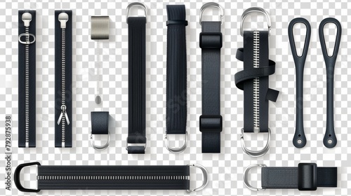 Zip fasteners made of metal, silver zippers with different shapes of pullers, open or closed black fabric tape, clothing hardware isolated on transparent background, 3D and realistic.