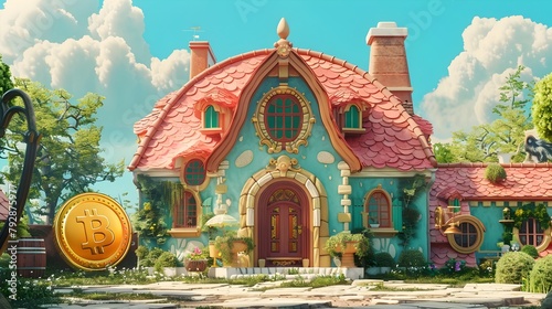 Fantastical Storybook Home with Glowing Golden Coin and Whimsical Architectural Details