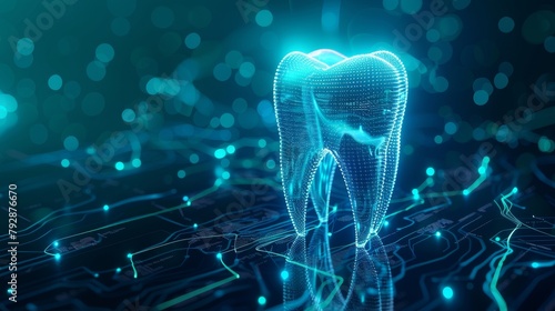 3D render of tooth icon on digital background, AI generative technology concept.