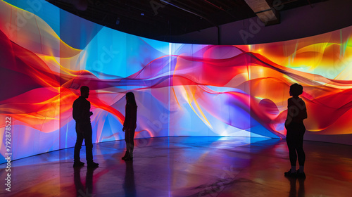 Visitors Engaged with Vibrant Digital Art Installation Featuring Abstract Light Waves and Colorful Projections