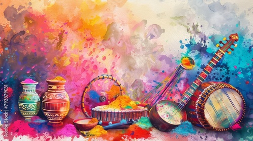 A celebration of Holi with a focus on music. Depict a hand-painted background with traditional Indian musical instruments a dhol harmonium and sitar a decorated with colorful powder.