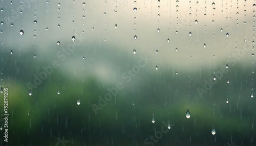 Raindrops on the window on the background of a green forest
