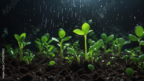 green seedlings growing in a dark soil with water droplets falling